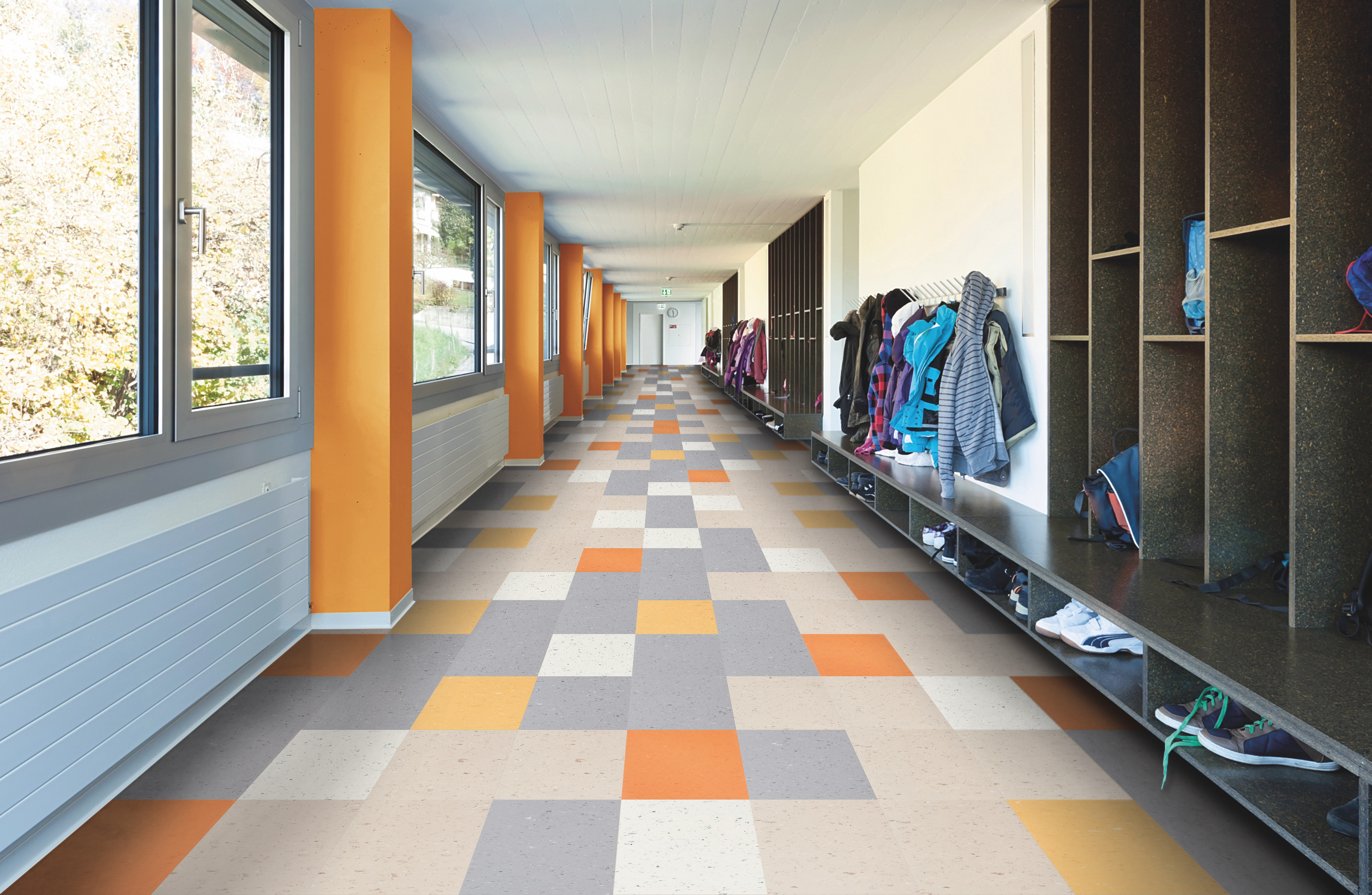 Commercial flooring in school in multi-color checker pattern
