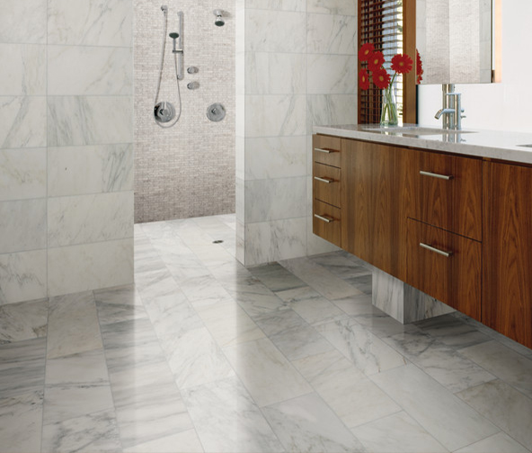 Natural white stone tile flooring and walls