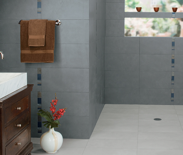 Modern bathroom with tile flooring and walls